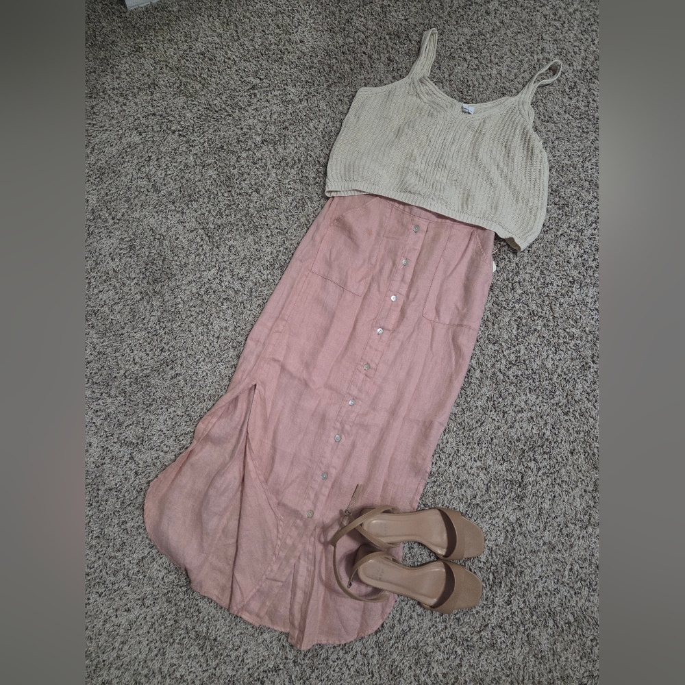 NWT Cynthia Rowley Pink Button-Front Linen Midi Skirt